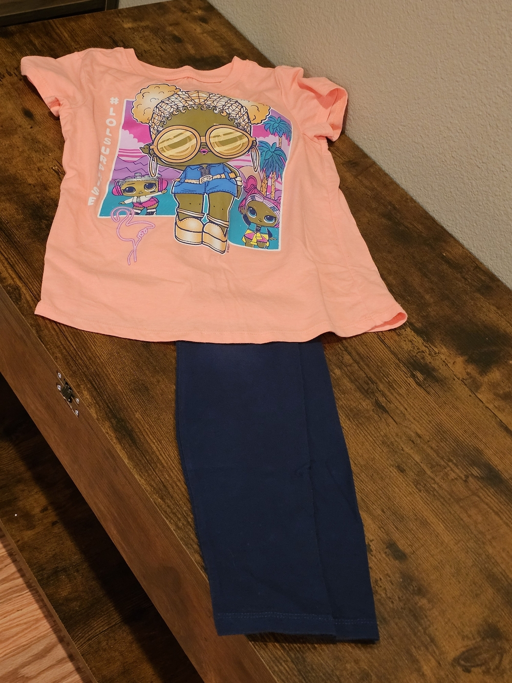L.O.L. Surprise! Coral Pink Graphic Logo Tee With Navy Leggings